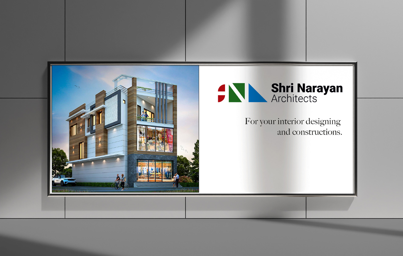 he logo of Shri Narayan Architects displayed on a billboard.